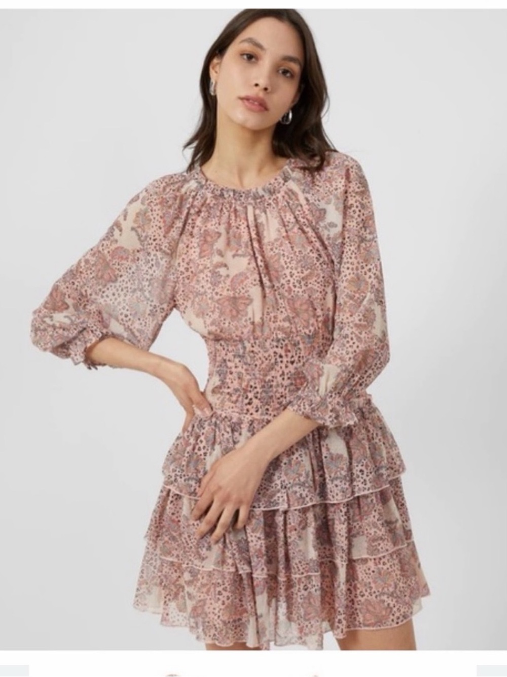 French Connection Pink Floral Ruffle Tiered Mini Dress